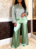Plus Size Women Geometric Print Patchwork Shirt and Wide-Leg Pants Two-Piece Set