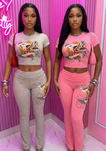 Women Printed Sexy Short-Sleeved Top and Pants Two-Piece Set