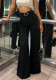 Women's High Waist Metal Ring Belt Wide Leg Black Trousers