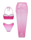 Women Rose Pink Bikini Sexy Backless Maxi Skirt Three-Piece
