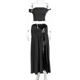 Women Summer Sexy Slash Shoulder Crop Top and Slit Gruated Skirt Two-Piece Set