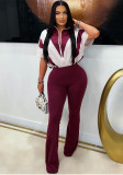 Women Turndown Collar Zipper Patchwork Bell Bottom Jumpsuit
