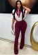 Women Turndown Collar Zipper Patchwork Bell Bottom Jumpsuit