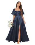 Women Ruffled Pleated Square Neck Short-sleeved Slit Bridesmaid Dress