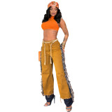Women Tassel Patchwork Color Block Non-Stretch Denim Pants