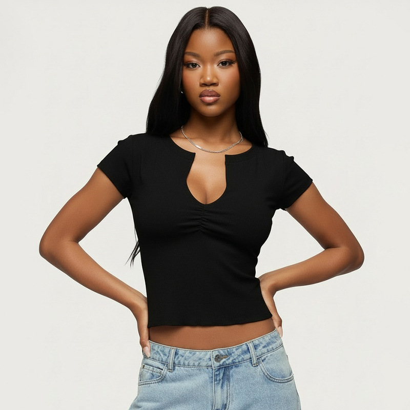 V-Neck Short-Sleeved Crop Top for Summer Outings