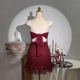 Women's Strapless Sequin Low Back Ruffle Bodycon Party Dress