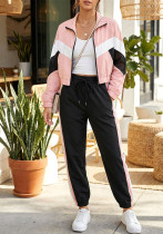 Spring Summer Women's Pink Patchwork Sports Jacket & Stripe Pants Set