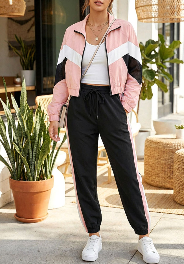 Spring Summer Women's Pink Patchwork Sports Jacket & Stripe Pants Set