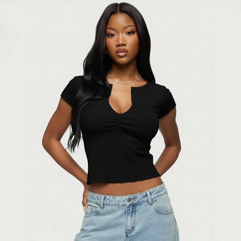 V-Neck Short-Sleeved Crop Top for Summer Outings