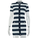 Women's Striped Print Button Short Sleeve Slim Fit Bodycon Dress