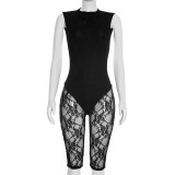 Women Sexy See-Through Backless Lace Seven-Point Jumpsuit
