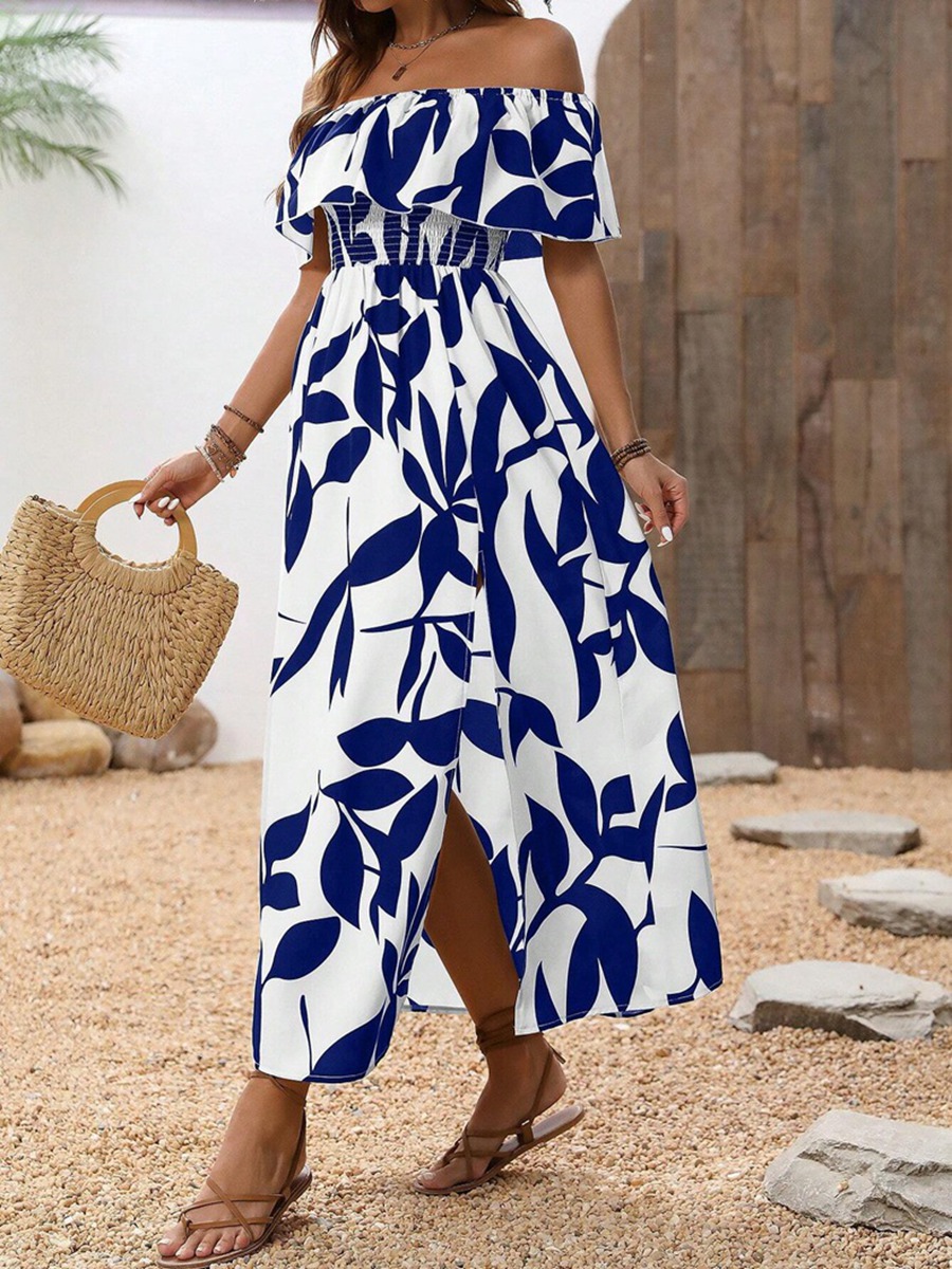 Summer Women's Off Shoulder Printed Split Sexy Long Dress