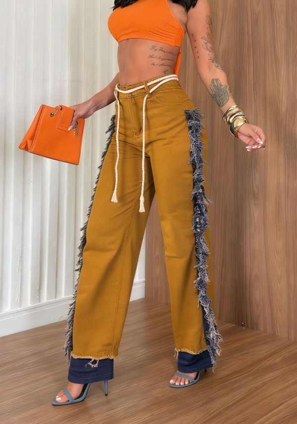 Women Tassel Patchwork Color Block Non-Stretch Denim Pants