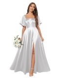 Women Ruffled Pleated Square Neck Short-sleeved Slit Bridesmaid Dress