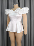 Plus Size Women White Off Shoulder Ruffles Formal Party Top