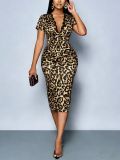 Summer Women's Leopard Print Short Sleeve Bodycon Midi Dress