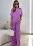 Women Summer Short-sleeved Top and Wide-leg Pants Casual Two-Piece Set