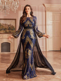 Women Long-sleeved Round Neck Formal Party Sequined Slit Evening Gown