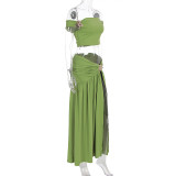 Women Summer Sexy Slash Shoulder Crop Top and Slit Gruated Skirt Two-Piece Set