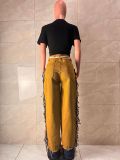 Women Tassel Patchwork Color Block Non-Stretch Denim Pants
