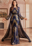 Women Long-sleeved Round Neck Formal Party Sequined Slit Evening Gown