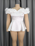 Plus Size Women White Off Shoulder Ruffles Formal Party Top