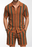 Summer Men's Knitted Striped Short Sleeve Cardigan and Shorts Set