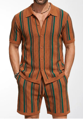 Summer Men's Knitted Striped Short Sleeve Cardigan and Shorts Set