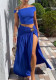 Women Summer Sexy Slash Shoulder Crop Top and Slit Gruated Skirt Two-Piece Set