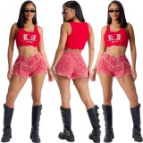 Women Studded Embroidered Five-Pointed Star Belt Casual Sexy Stretch Denim Shorts