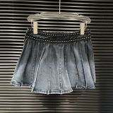 Spring Women's Denim Patchwork Lace-Up Top Skirt Pants Three-Piece Set