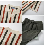Summer Men's Striped Knitted Polo Shirt & Shorts Set