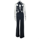Spring Summer Women's Low Back Draped Top & Wide Leg Pants Set