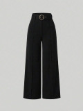 Women's High Waist Metal Ring Belt Wide Leg Black Trousers
