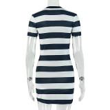 Women's Striped Print Button Short Sleeve Slim Fit Bodycon Dress