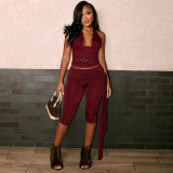 Women's Sexy Lace Halter Neck Sleeveless Top & Capri Pants Set