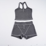 Women's Ribbed Button Tank Top & Shorts Casual Sport Set