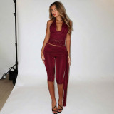 Women's Sexy Lace Halter Neck Sleeveless Top & Capri Pants Set