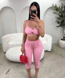 Women's Fashion Spot Print Sexy Strappy Top and Waist-High Butt Lift Pants Set
