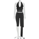Women's Sexy Lace Halter Neck Sleeveless Top & Capri Pants Set