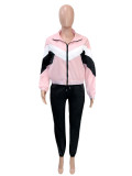 Spring Summer Women's Pink Patchwork Sports Jacket & Stripe Pants Set