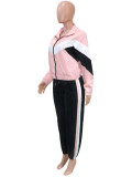 Spring Summer Women's Pink Patchwork Sports Jacket & Stripe Pants Set