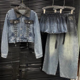 Spring Women's Denim Patchwork Lace-Up Top Skirt Pants Three-Piece Set