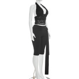 Women's Sexy Lace Halter Neck Sleeveless Top & Capri Pants Set