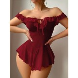 Plus Size Burgundy Mesh Off Shoulder Ruffle Night Dress and Panty Set