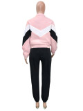 Spring Summer Women's Pink Patchwork Sports Jacket & Stripe Pants Set