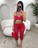 Women's Fashion Spot Print Sexy Strappy Top and Waist-High Butt Lift Pants Set