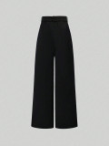 Women's High Waist Metal Ring Belt Wide Leg Black Trousers