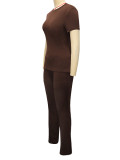Women's Retro Brown Slim Fit Top & High Waist Pants Two-Piece Set